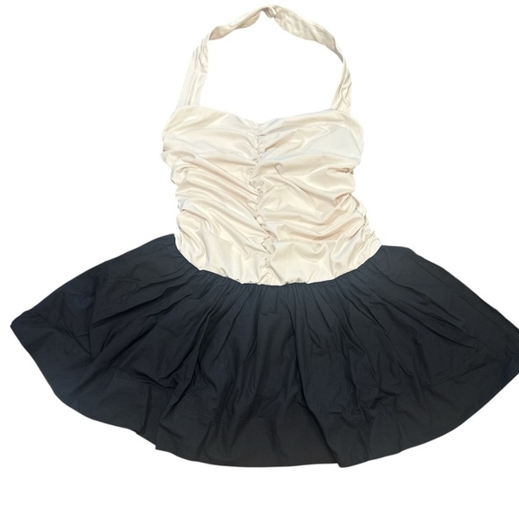 Maeve Anthropologie Twofer Mini Dress Size XL Black White Halter Ruched Front - Picture 3 of 15